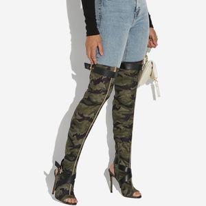Shoedazzle Heeled Boots, Leona, Camo, Women's Size 7, Thigh-High